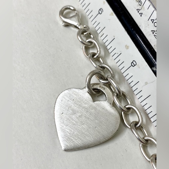 Sterling Silver 925 Solid Link Bracelet with Engraveable Heart Charm Dangle - Picture 1 of 6